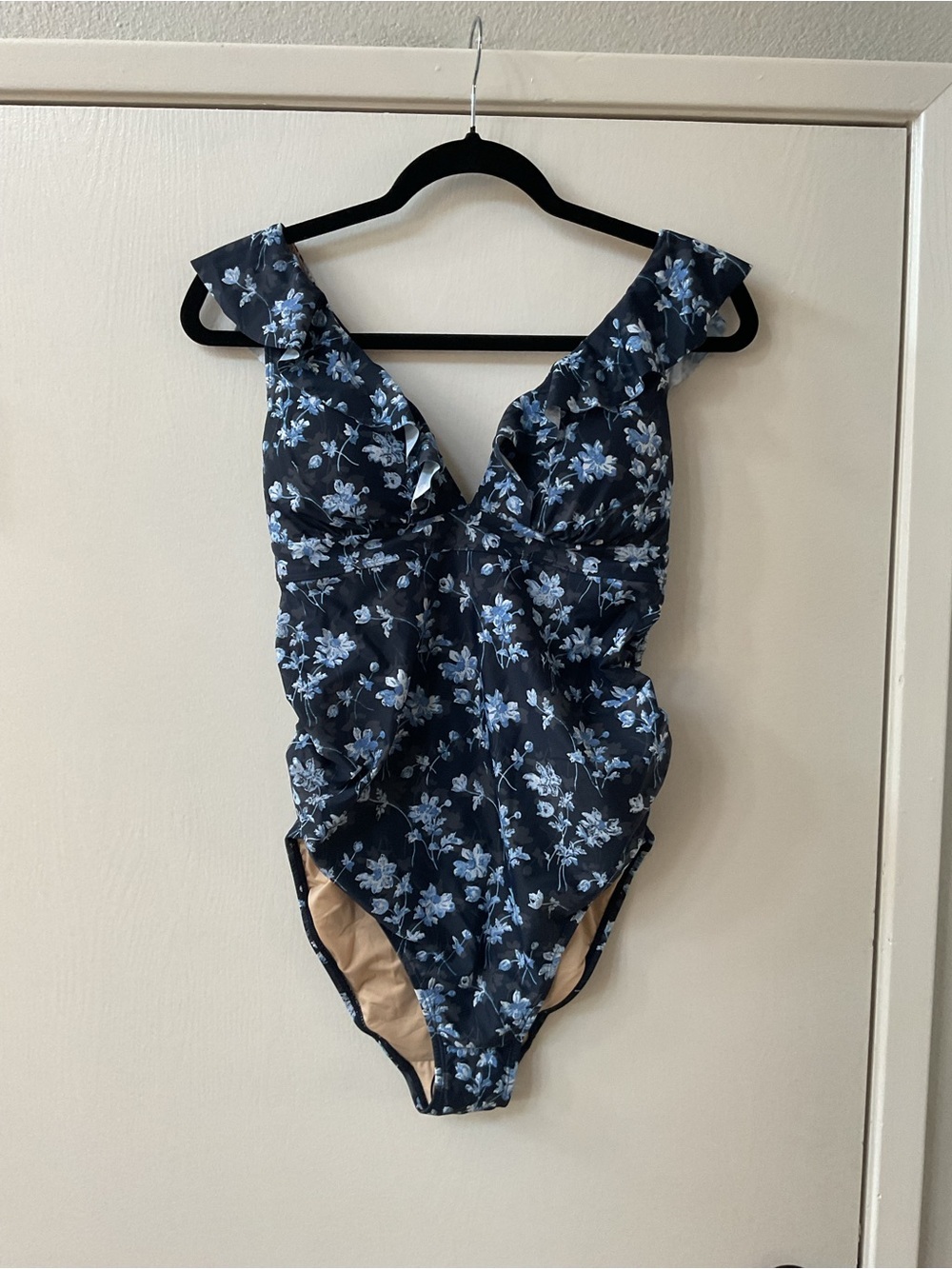 A Pea in the Pod Maternity Navy Blue Floral Ruffle One-Piece Swimsuit